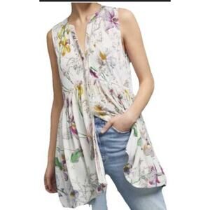 Anthropologie Nia Floral Sleeveless Tunic Top with Ladder Lace Trim Medium